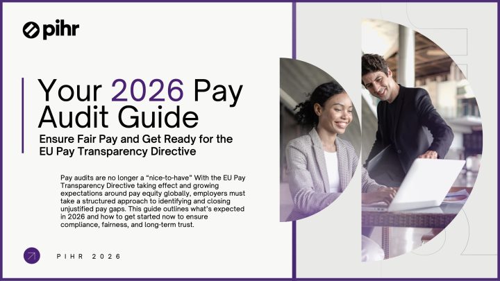 Pihr eBook cover titled ‘Your 2026 Pay Audit Guide – Ensure Fair Pay and Get Ready for the EU Pay Transparency Directive’. Clean white and purple design with Pihr logo, bold ‘2026’ in purple, and image of two professionals reviewing data on a laptop.