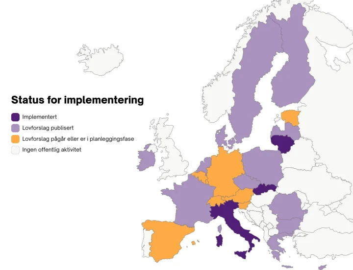 Kart over gjennomføringen av EUs direktiv om lønnsåpenhet i europeiske medlemsland
